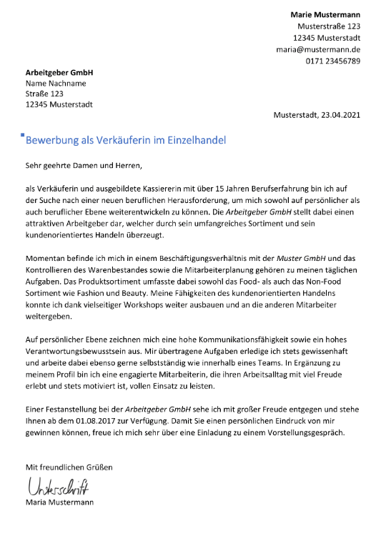 Tipps und Muster für Bewerbung als Verkäuferin Quereinsteiger - Kostenlos