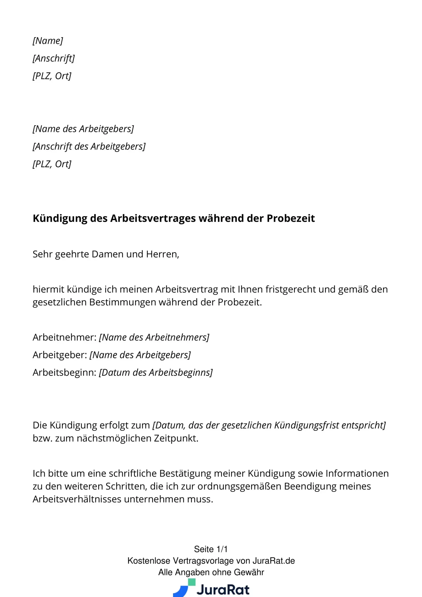 Kündigung in der Probezeit krank - Kostenlose Vorlage zum Download verfügbar