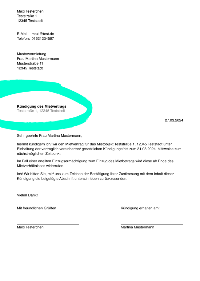 Mietvertrag KÃ¼ndigung: Vorlage fÃ¼r Nachmieter zum Download als PDF.