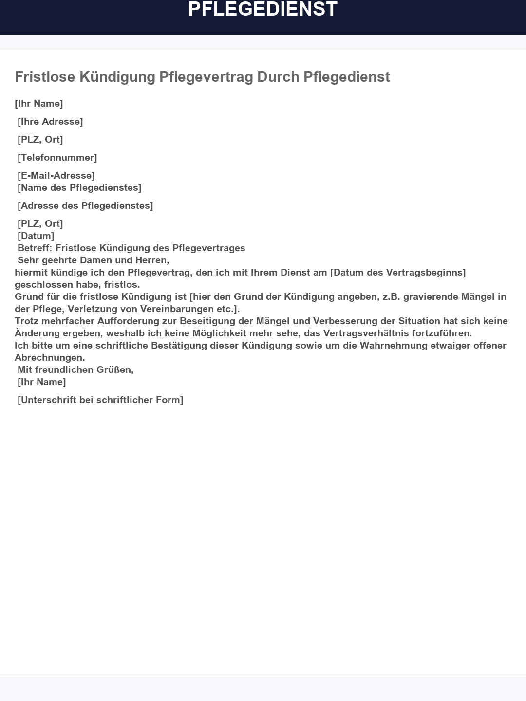 Kündigung Pflegedienst: Muster Vorlage für die fristgerechte Kündigung zum Download Kündigung Pflegedienst: Muster Vorlage für die fristgerechte Kündigung zum Download