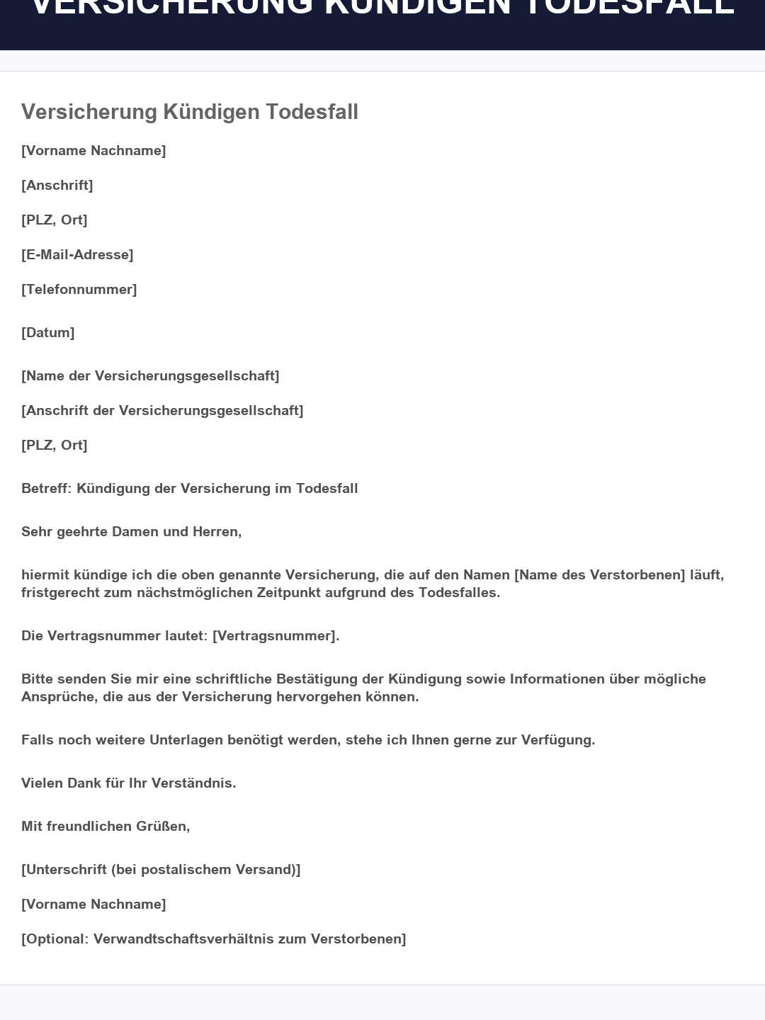 KÃ¼ndigung Todesfall Versicherung: Formular kostenlos downloaden - Muster fÃ¼r schnelle Abwicklung