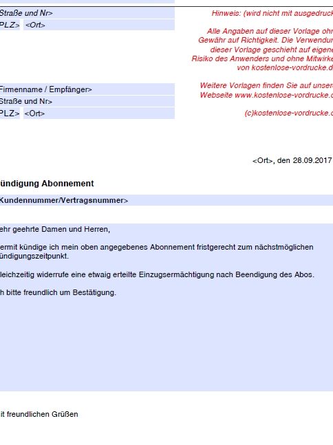 Vorlage Kündigung Abo: Kostenlose Muster und Tipps zum einfachen Download Vorlage Kündigung Abo: Kostenlose Muster und Tipps zum einfachen Download