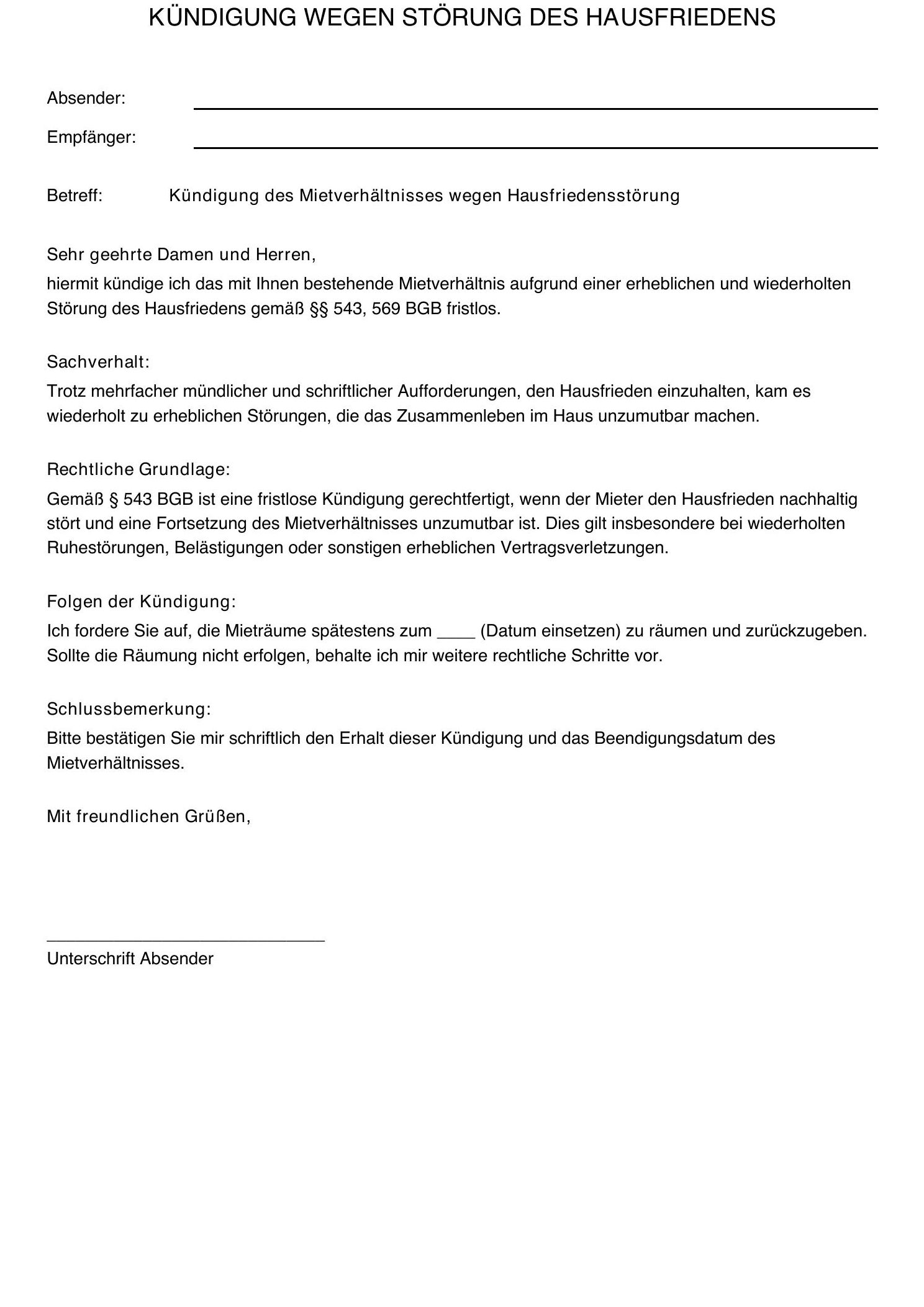 Muster fÃ¼r fristlose KÃ¼ndigung vom Vermieter - Gratis Download verfÃ¼gbar!